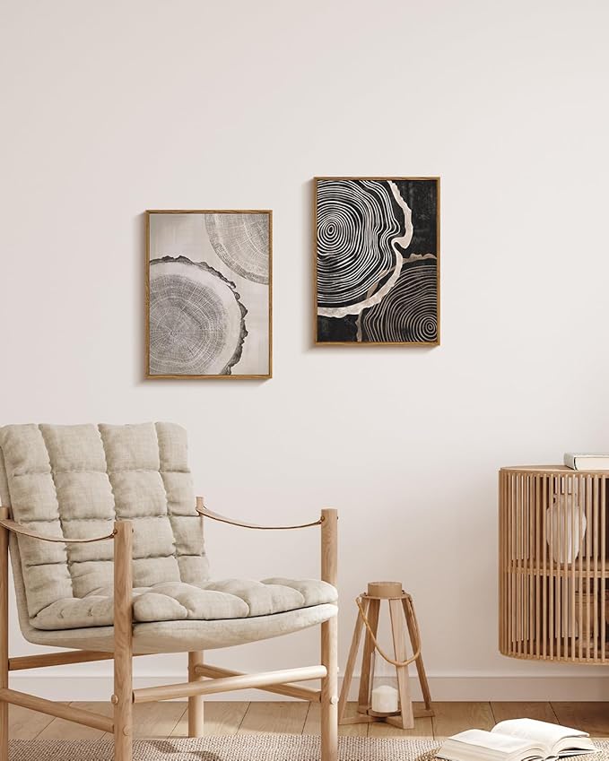 HUARCEY Framed Canvas Art Print Set 2PCS Wood Tree Ring Spiral Wall Art, Modern Neutral Nature Print Set of 2 Minimalist Abstract Nordic Wall Decor, Diptych Log Slice Wood Stump Painting