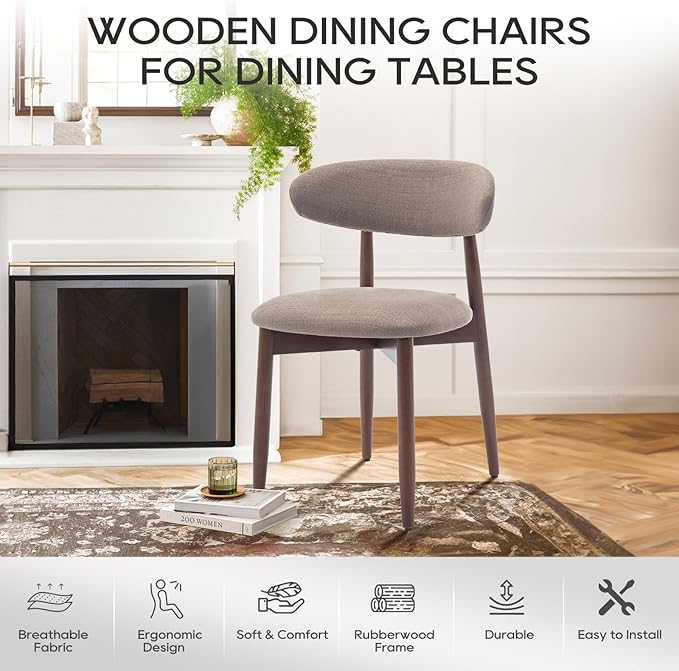 COLAMY Wooden Dining Chairs Set of 2, Modern Fabric Upholstered Dining Room Chair, Farmhouse Kitchen Chair with Foot Pegs, Camel