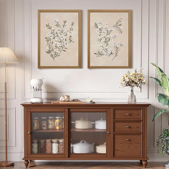 Vintage Botanical Wall Art Neutral Floral Prints Farmhouse Flower Canvas Wall Decor Watercolor Wildflower Pictures Nature Minimalist Artwork for Living Room Bedroom 16x24 Inch Wood Framed Set of 2