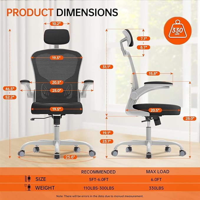 Office Chair Ergonomic Desk Chair, 330LBS Capacity, High Back Computer Design for Long Hours Comfort, Rolling Swivel for Home Office, Flip-up Armrests, Grey Black