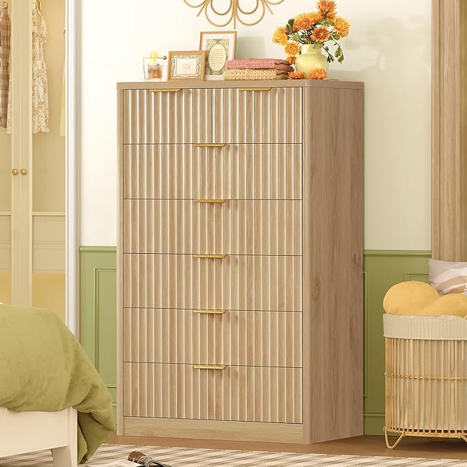 TEENFON 48" Tall Dresser for Bedroom with 7 Drawers, Dressers & Chests of Drawers with Metal Handle, Fluted Dresser, Wood Closet Clothes Storage Organizer for Bedroom, Hallway, Natural