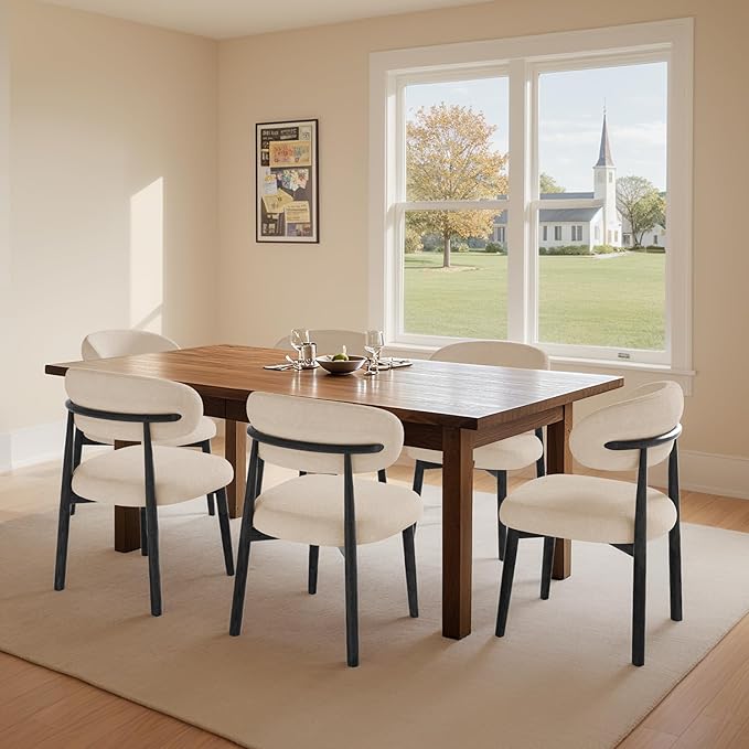 Farmhouse Dining Chairs Set of 8, Mid Century Modern Fabric Upholstered Kitchen Chairs, Wooden Dining Room Chair with Curved Back&Black Legs for Kitchen Dining Room Restaurant Cafe, Beige, Only Chairs