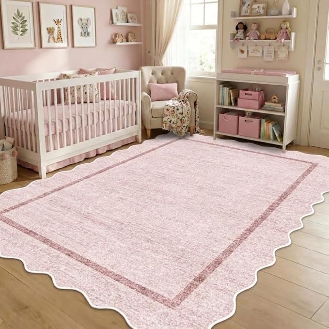 GarveeHome Scalloped Washable Area Rugs 8x10 Rugs for Living Room Modern Bedroom Rug Large Area Rug Non Slip Throw Rugs Soft Low Pile Stain Resistant Carpet for Classroom Dining Room 8'x10' Pink