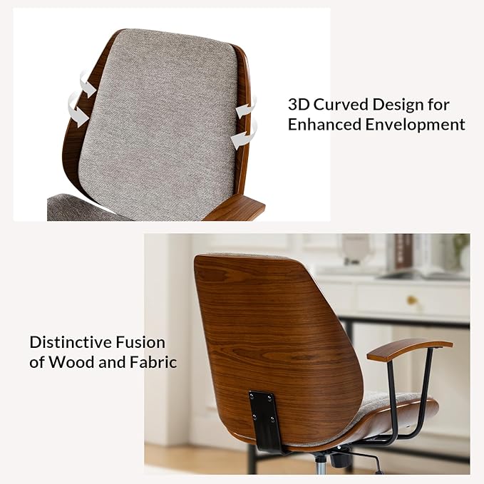 Modern Office Chair with Bentwood Polyester Upholstery Ergonomic Swivel Desk Chair with Adjustable Height for Home Office or Study Tan