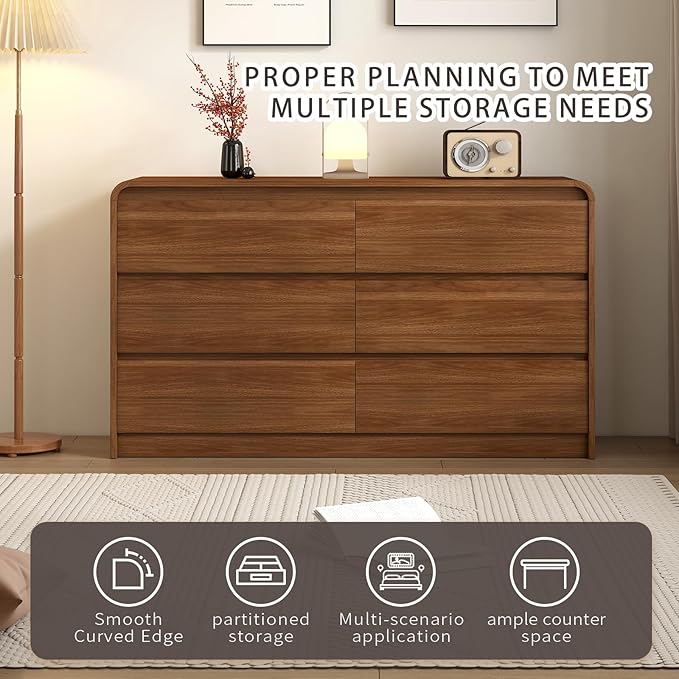 Messenya Modern 6 Drawer Dresser, 55-Inch Wood Chest of Drawers, Curved Anti-Collision Design, Mid-Century Storage Cabinet, Pre-Embedded Slots, Natural Texture, for Bedroom, TV Stand (W-55IN)