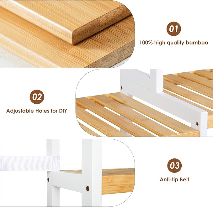 FOTOSOK Bamboo Shelf, 7 Tier Plant Stand Indoor, 3 Row Ladder Shelf, Bookshelf and Bookcase, Corner Display Stand with Adjustable, Flower Stand for Living Room Balcony Kitchen, White and Natural
