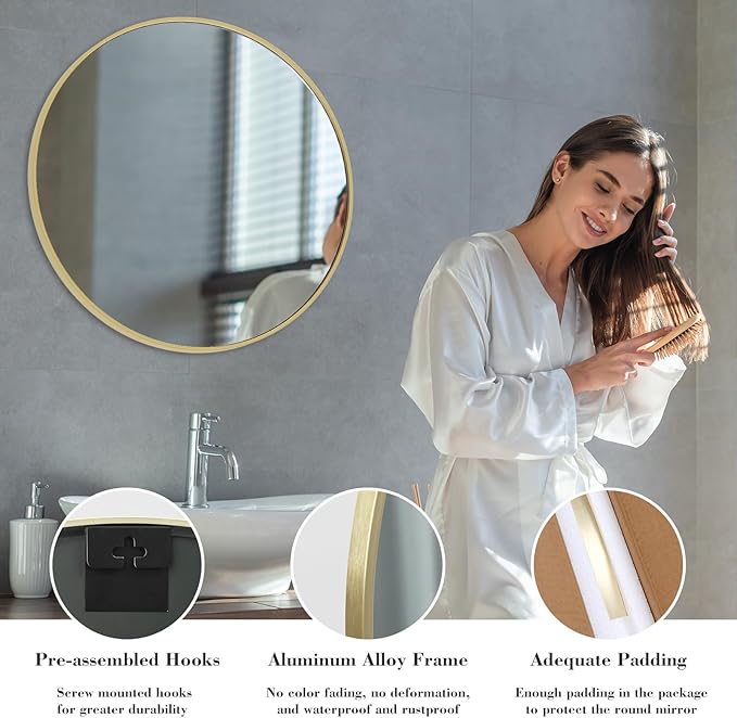 Sweetcrispy 30in Round Bathroom Mirrors for Wall, Bathroom Mirrors for Over Sink, Wall Decor for Bathroom, Entryway, Bedroom, Vanity, Gold