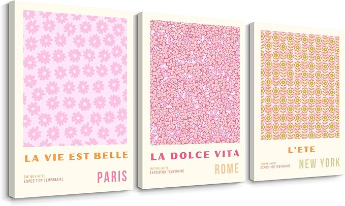 Pink Flower Market Wall Art Decor Aesthetic Abstract Canvas Floral Minimalist Wall Art Pictures Orange Floral Prints Artwork Botanical Flower Poster Colorful Painting 16x24 Inch Framed Set of 3
