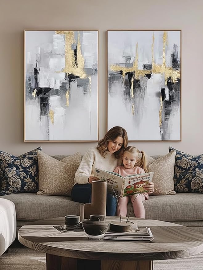 SAFERRYHOME 2-Piece Large Grey and Gold Abstract Wall Decor- Framed Modern Canvas Paintings for Living Room, Bedroom, Office Décor - 24x36 Inches Each