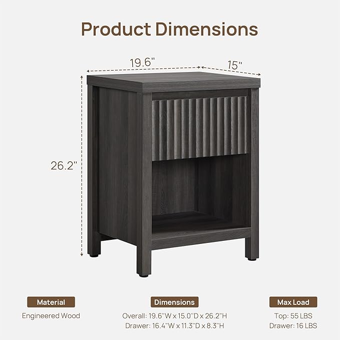 SICOTAS Fluted Night Stand Set of 2, Modern Nightstands with Drawer, Farmhouse Bedside Table with Storage Shelf, Large End Tables Bed Side Tables for Bedroom, Black Oak