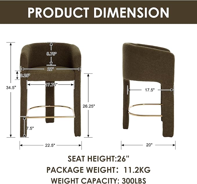 Modern Counter Height Bar Stools Set of 2, 26”H Barrel Counter Stools for Kitchen Counter, Upholstered Barstools with Back and Armrest, Sherpa Bar Stools for Kitchen Island,Home Bar Furniture, Green