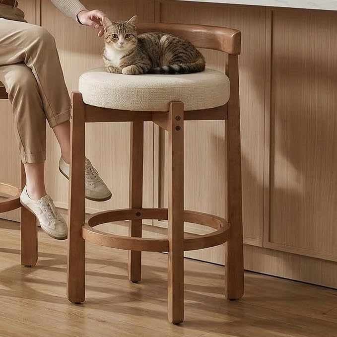 LukeAlon Mid Century Linen Single Counter Stool, Upholstered 26.5" Seat Height Low Barstools with Natural Wood Legs Round Low Back Kitchen Stool with Footrest for Dining Room, Beige