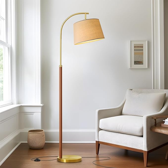 G-SAFAVA 62.5" Wood Floor Lamp for Living Room Gold with Foot Switch Arc Standing Tall Lamps for Bedroom Mid Century Modern Corner Floor Lamps for Office Nursery Industrial Reading Light Room Lamp