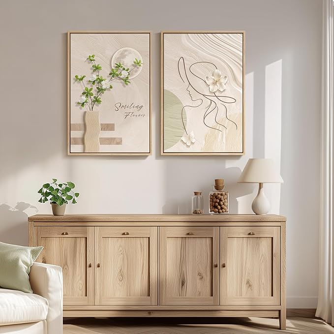 Framed Neutral Boho Wall Art for Bedroom, Set of 2 Beige Line Woman and Botanical Artwork for Living Room Walls, Mid Century Modern Bohemian Canvas Prints for Hallway Office Wall Decor, 20x30 Inch