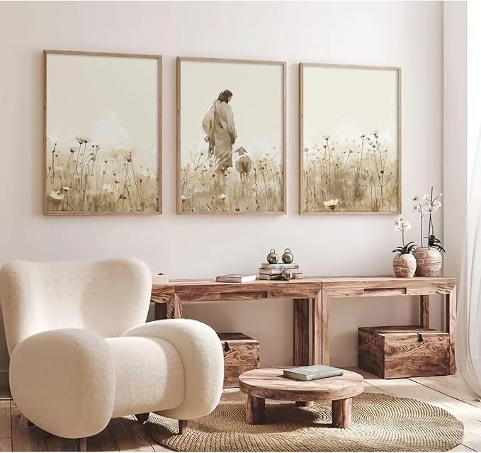 Jesus Leaves the 99 Sheep Wall Art Christian Canvas Poster Jesus and Lamb Wall Decor Religious Pictures Lost Sheep Painting God Christ Painting Artwork for Bedroom Living Room 12x16x3 Inch Unframed
