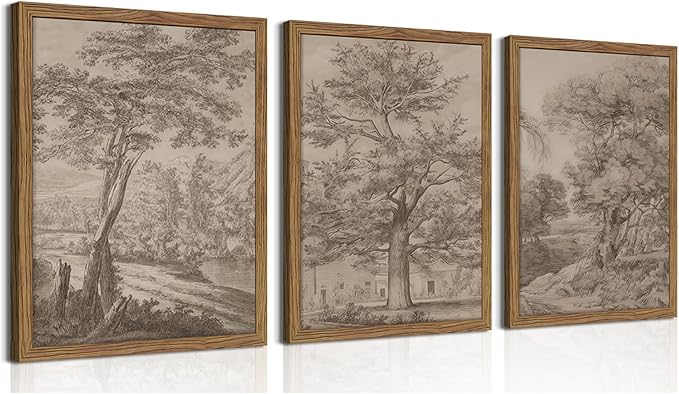 Vintage Landscape Framed Wall Art Set of 3, Neutral Nature Wabi Sabi Canvas Wall Decor Painting, Rustic Retro Botanical Tree Artwork Prints Pictures for Farmhouse Living Room Bedroom 12x16 Inch