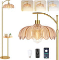 QIYIZM Gold Floor Lamp with Table and Shelves for Living Room Bedroom,Glass Standing Lamp with Remote Dimmable,Boho Brass Tall Lamp Vintage Farmhouse Arc Flower Floor Light Bohemian