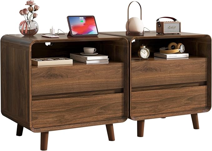 Nasonet Mid Century Modern Nightstand with Charging Station, Wood Bedroom End Tables Set of 2 Nightstands with Drawers, Curved Bedside Table for Living Room, Bedroom, Walnut