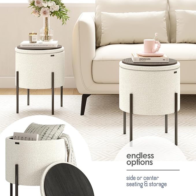 STORAGEBUD Round Ottoman with Storage, Boucle Storage Ottoman, Foot Stool Ottoman, Makeup Vanity Stool, Small Ottomans Foot Rest, Modern Ottomans for Living Room and Bedroom, Cream