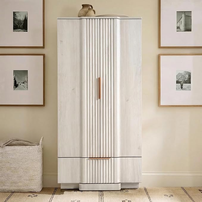 Brafab 67" Fluted Armoire Wardrobe Closet with Drawers and Doors, Wooden Wardrobe Cabinet with Adjustable Shelves, Modern Storage for Clothes, Coats for Bedroom,White Oak (1 pcs)