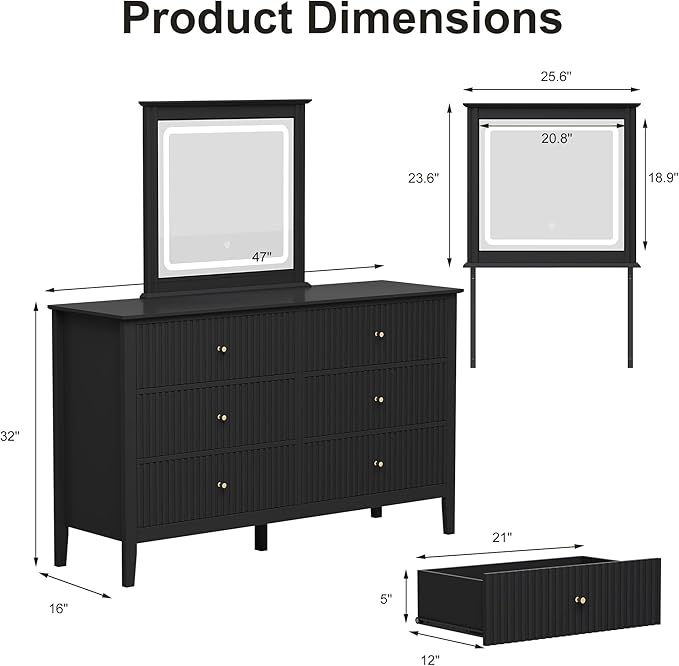 RoyalCraft Black Vanity Desk with Lighted Mirror, Fluted Makeup Vanity Table with 3 Lighting Modes, Modern Wood Dressing Table with 6 Drawers for Bedroom
