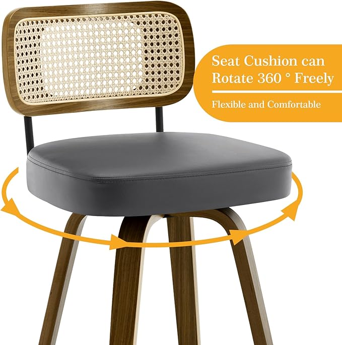 Bekrvio Swivel Counter Height Bar Stools Set of 4, Upholstered Faux Leather Barstools with Rattan Back, 26" Seat Height Bar Chairs for Kitchen Island, Bentwood Wood Frame, Grey