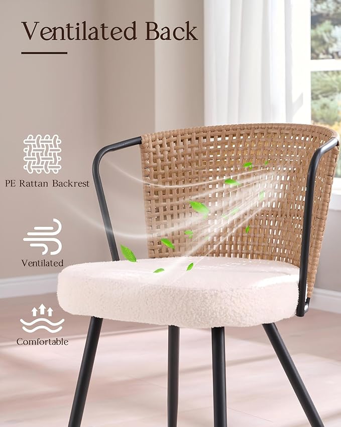 BedsPick Rattan Dining Chair Set of 6 - Farmhouse Upholstered PE Rattan Kitchen Chair with Boucle Cushion, Wingback Dining Room Seat with Cane Back and Metal Legs for Home, Kitchen (Brown)