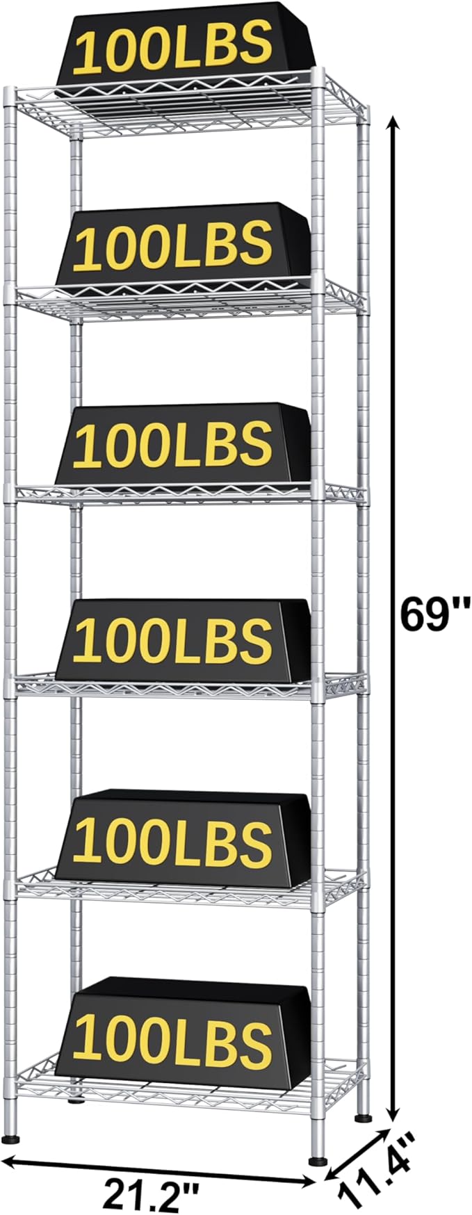 HOMEFORT 6-Shelving Unit, Adjustable Wire Shelving, Metal Wire Shelf Rack Organizer for Kitchen, Pantry, Closet, Bathroom, Laundry, Sliver,21" W x 11" D x 69" H