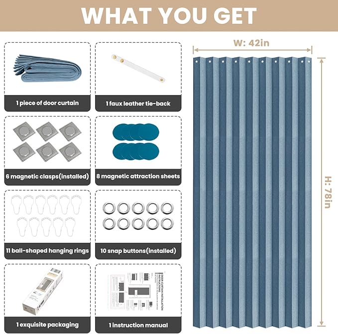 Jilron 100% Blackout Fabric Folding Door Curtain with Magnetic Closure - Accordion Style for Sliding Doors, Closets,Wardrobe and Temporary Door Solutions Doorway Curtains（W42 x L78, Blue 1 Panel）