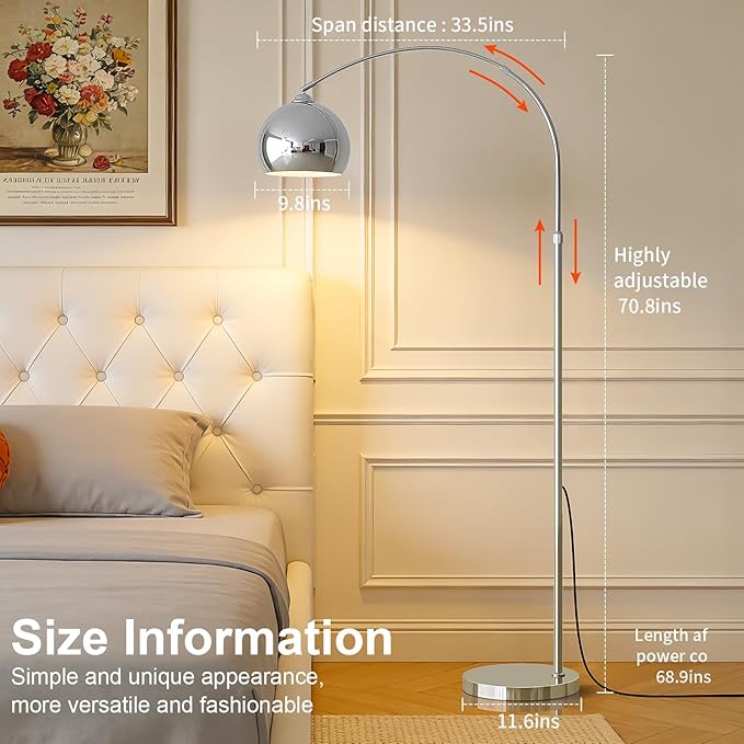 Glossy Silver Arc Floor Lamp 71" Tall, Dimmable 12W LED Smart Standing Lamp with Remote, 360° Rotatable Adjustable Height & Span, Modern Floor Lamp for Living Room, Bedroom, Office, Library