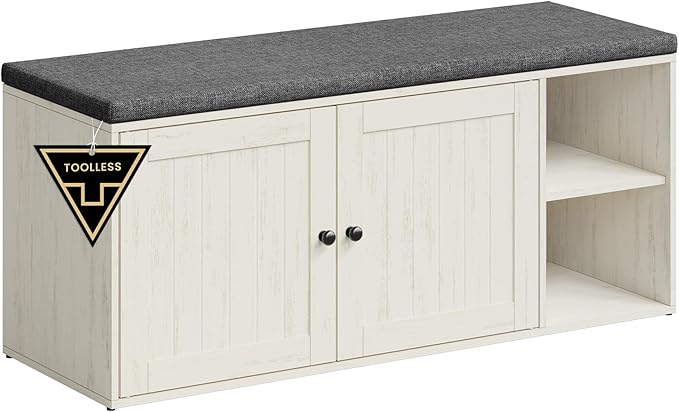 SONGMICS HOME Shoe Storage Bench, Superfast Toolless Assembly, Shoe Rack Cabinet with Door & Adjustable Shelf for Entryway/Living Room, 14 x 40.2 x 17.3 Inches, Rustic White and Slate Gray