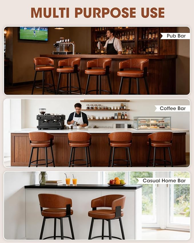 Bar Stools Set of 4, 30" Swivel Bar Height Bar Stools with Curved Back, Mid-Century Modern Faux Leather Bar Chairs with Stitching for Kitchen Island, Dining, Living Room, Vintage Brown