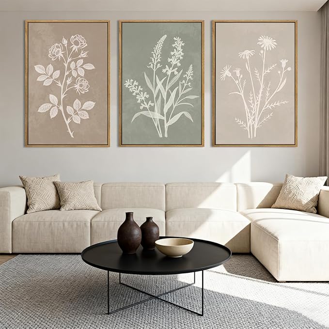 Anyzal Extra Large Boho Botanical Framed Wall Art 24x36 Inch Farmhouse Floral Canvas Wall Decor Neutral Minimalist Plant Painting for Living Room Bedroom Dining Room Set of 3