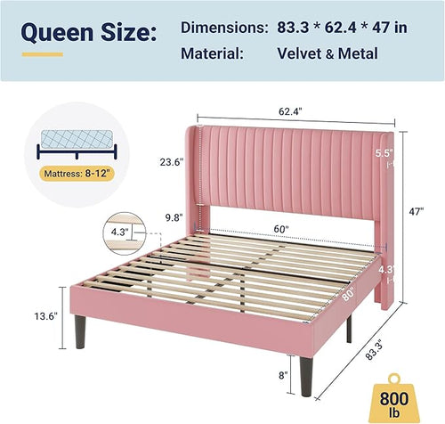 Allewie Queen Size Velvet Bed Frame/Vertical Channel Tufted Wingback Headboard/Upholstered Platform Bed/Strong Wooden Slats/No Box Spring Needed/Easy Assembly/Pink