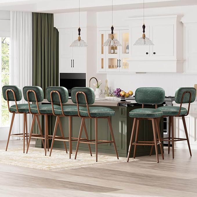MALOL 26“ Swivel Bar Stools Set of 2, Mid Century PU Leather Counter Height Bar Chairs with Low Back and Metal Legs, Modern Bar Stool Chair for Kitchen Island, Green