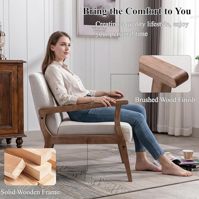 BESTANO Accent Chair Mid Century Modern Armchair, Linen Upholstered Living Room Accent Armchair with Wood Frame, Farmhouse Chair Indoor Corner Chair for Living Room Bedroom, Ivory