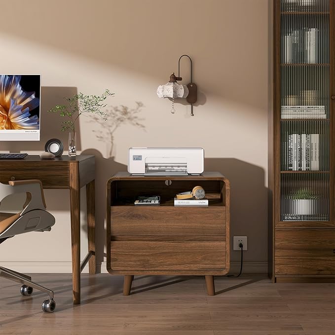 Nasonet Mid Century Modern Nightstand with Charging Station, Wood Bedroom End Tables Nightstands with Drawers, Curved Bedside Table for Living Room, Bedroom, Walnut