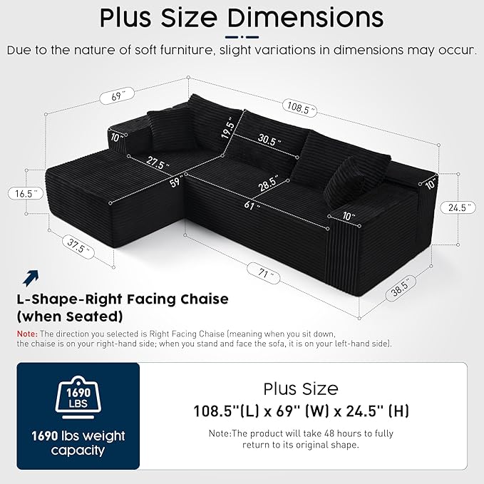 Black Sectional Couch for Living Room - 108" Modular Cloud Sofa with Chaise, Ultra Soft Corduroy L-Shaped Large Couches, Boneless Deep Seat Sectional Couch, No Assembly Required (Right Facing Chaise)