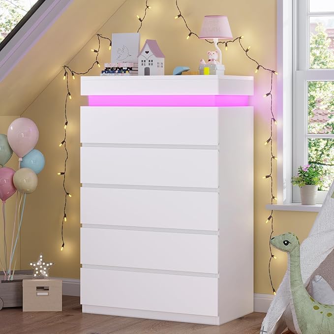 HAUOMS Tall 5 Drawer Dresser with LED Light, White Modern Chest of Drawers for Bedroom,Closet Dressers with Drawers for Living Room, Entryway, Hallway