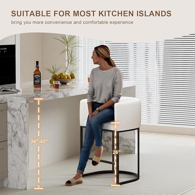 26" H Counter Height Bar Stools Set of 3, Modern Barrel Counter Stools with Backrest and Arms, Linen Fabric Upholstered Accent Barstools for Kitchen Island,Support 450 LBS (White)