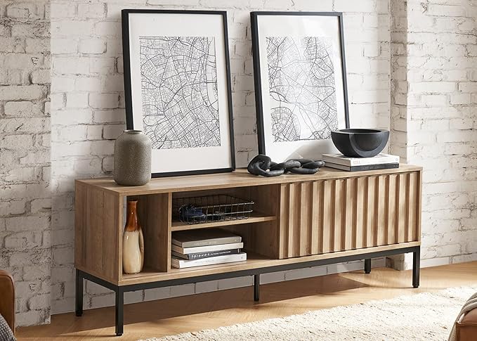 mopio Norwin TV Stand, Rustic Modern Industrial Television Stand for 60/65/70 inch TV, Fluted Entertainment Center with Storage, Wood Media Console Credenza Cabinet Table (Oak 64" TV Stand)