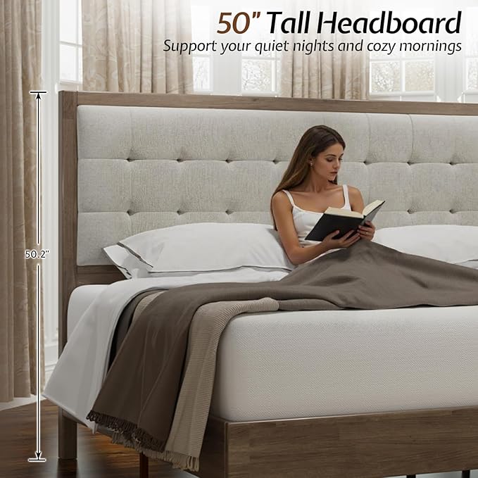 Jocisland Solid Wood Queen Size Bed Frame 50.2" Tall Upholstered Headboard, Mid-Century Style, Stable Platform Support, No Box Spring Needed, Ash Gray