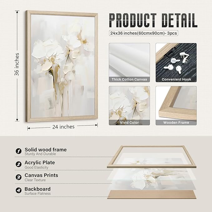 Neutral Wall Art Abstract Floral Canvas Pictures Beige Flower Wall Decor Modern Painting Minimalist Poster Abstract Botanical Prints White Artwork for Bedroom Living Room 24x36x3 Inch Wood Framed