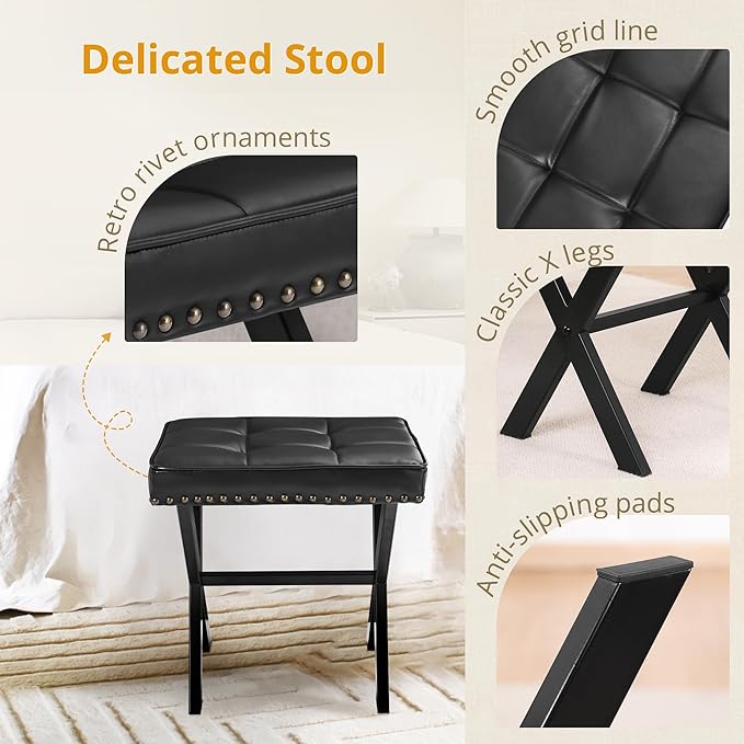 LUE BONA Vanity Stool - Square Faux Leather Makeup Seat With Metal X Legs, Small Ottoman Chair for Makeup Room, Living Room - Modern Padded Foot Rest, Black