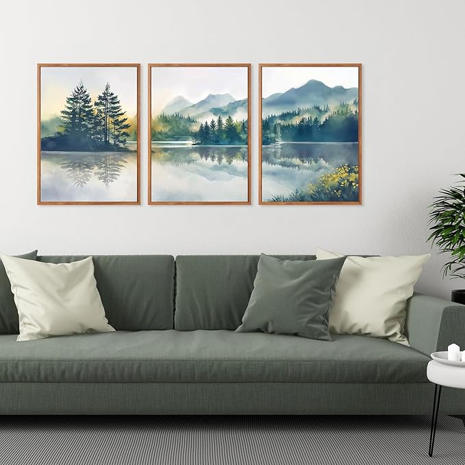 HPNIUB Green Mountain Framed Canvas Wall Art Set, (12X16 Inch) Nature Foggy Forest Lake Reflection Wall Decor,Modern Pine Tree Artwork,Watercolor Landscape Art Print for Living Room,Bedroom,Office