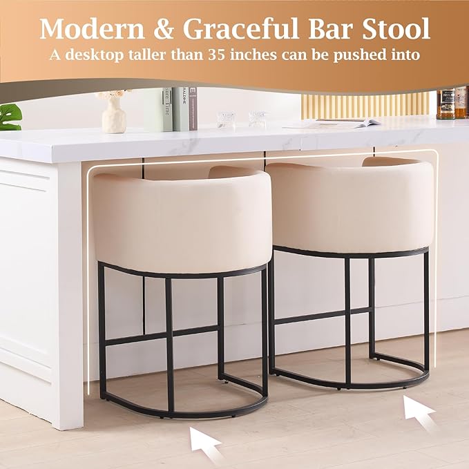 ClinQ 26" H Counter Height Bar Stools Set of 3, Modern Barrel Counter Stools with Backrest and Arms, Black Metal Frames, Linen Fabric Upholstered Accent Barstools for Kitchen Island,Linen Color
