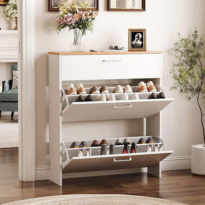 VINGLI Set of 2 Shoe Cabinet for Entryway, 2-Pack 31.5" W Extra Wide Slim Shoe Organizer with 2 Flip & 1 Drop-Down Drawers, Modern White Shoes Rack with Oak Top, Narrow Cabinet for Hallway