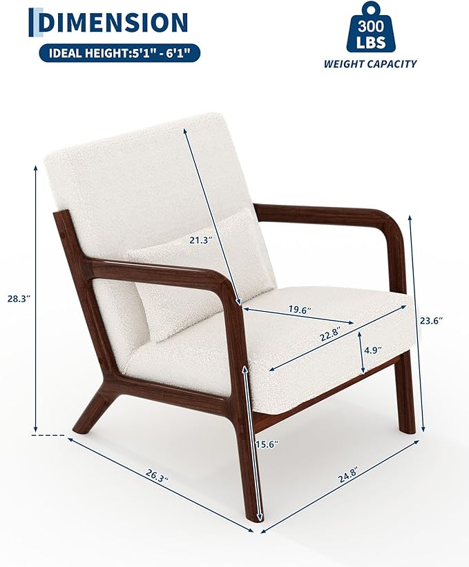 Garvee Mid-Century Modern Accent Chair, Sherpa Upholstery, Solid Wood Armchair with Removable Lumbar Pillow, Sturdy Reading Chair for Living Room, Bedroom, Guest Room, Easy Assembly, Beige