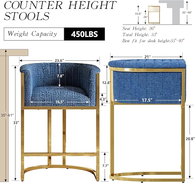 26" Modern Counter Height Bar Stools,Accent Barstools with Arms,Kitchen Island Chairs,PU Leather Upholstered Barrel Bar stools with Backs,Mirror Champagne Gold Base/Blue Linen