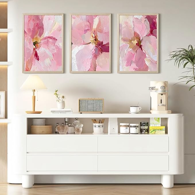 Abstract Floral Wall Art Pink Flower Canvas Pictures Modern Wall Decor Blush Pastel Pink Prints Peony Painting Minimalist Poster Botanical Artwork for Bedroom Living Room 12x16x3 Inch Wood Framed